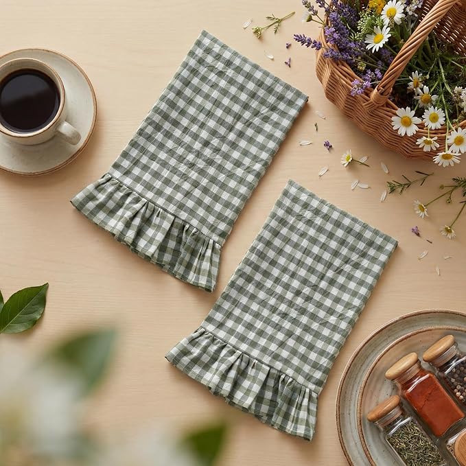 HunnmingRe 2 Pcs Sage Green Gingham Kitchen Towels Cotton Ruffled | Checked Dish Towels 18"x28" Tea Cloths Plaid Cottage Core Kitchen Decor for Farmhouse Charm Drying Dishes Entertaining Guests