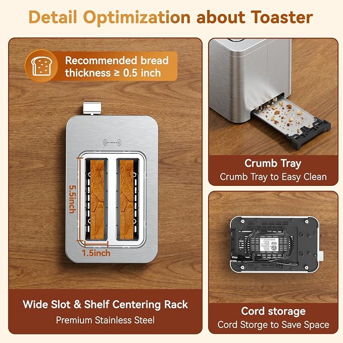 Mecity 2 Slice Toaster Smart Touchscreen, Stainless Steel Wide Slot Toasters Defrost, Reheat, Memory Function, Auto Shutoff, Digital Electric Bread Toaster for Bagel Muffin Waffle, 120V