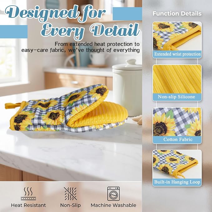 Ribbed Mini Oven Mitts 2-Pack Set, 5.5"x8.5", Sunflower Printed, Heavy Duty Cotton, Non-Slip Heat Resistant Soft Silicone Oven Mitts with Hanging Loop for Cooking Kitchen Decor