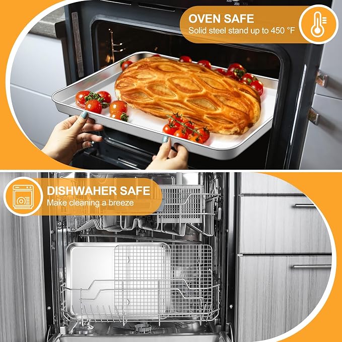 E-far Baking Sheet with Wire Rack Set, 17.6" x 13" (1 Pan +1 Cooling Rack) | Stainless Steel Sheet Pan with Cooling Rack for Oven, Large Metal Bacon Tray for Cooking Roasting, Non-Toxic, Dishwasher Safe