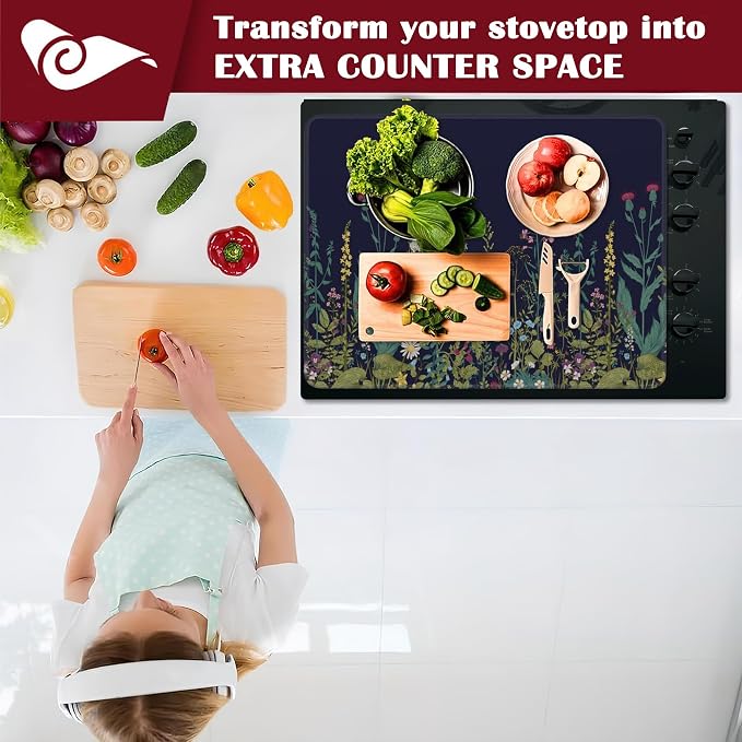 Herbs and Wild Flowers Stove Top Cover for Electric, Glass Ceramic Stove Cover, Heat Resistant Flat Stovetop Protector, Dish Drying Mats for Kitchen