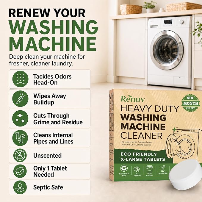 Renuv® Heavy Duty Washing Machine Cleaner & Descaler & Deodorizer Tablets | Deep Cleaning Tablets Remove Residue, Grime Buildup, Front Load or Top Load Washer, HE and Septic Safe, 6 Month Supply