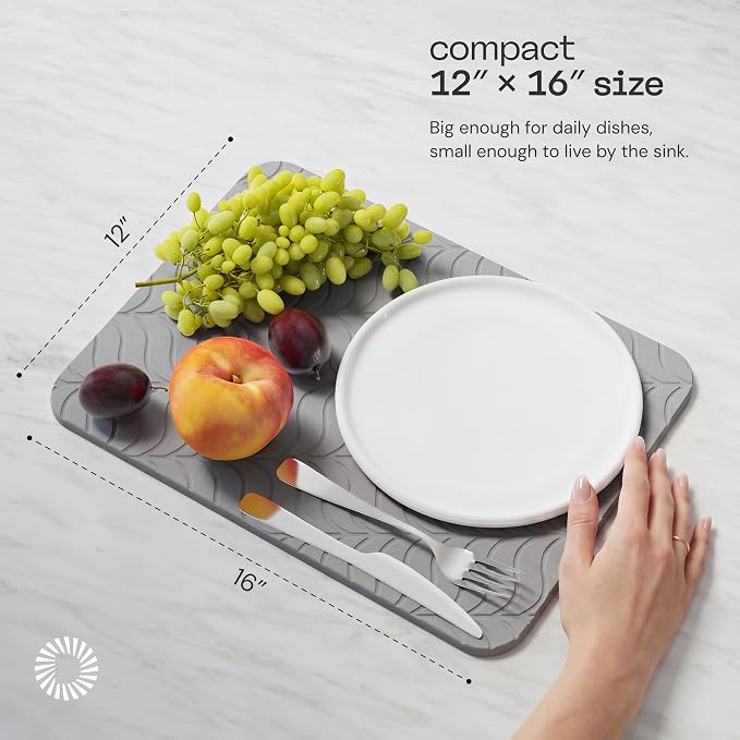Deepstone Diatomite Stone Dish Drying Mat – Fast-Drying Natural Diatomaceous Earth Kitchen Countertop Drying Board – Super Absorbent & Non-Slip, 16 x 12 in (Gray)