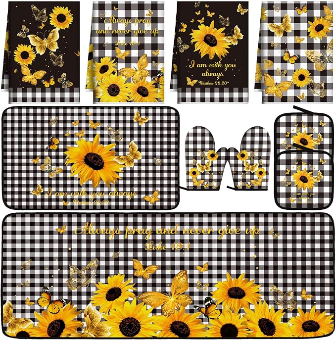Fourluoo 10 Pcs Sunflower Kitchen Decor and Accessories Black and White Buffalo Plaid Kitchen Towels Rugs Oven Mitts and Pot Holders Set Sunflower Decorations Set for Cooking Baking Grilling Mom Gift