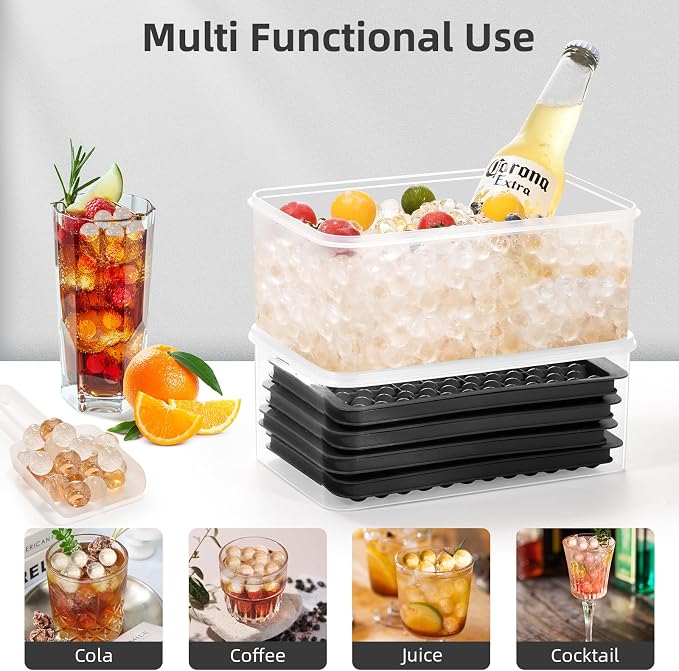 Mini Ice Cube Trays for Freezer with Lid, 0.55" Pebble Ice | 4 Trays-Black, with Ice Box & Scoop. for Coffee, Bottle, Juice & Drinks, Easy Twist Release, Stackable