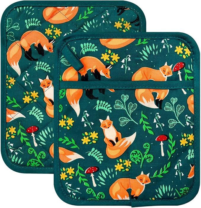 Pot Holders Set of 2 Heat Resistant 480℉ Kitchen 100% Cotton | Comfortable Lining Printing Fox Flower Women Men Home Cooking Baking Microwave BBQ Gift(fox flower)