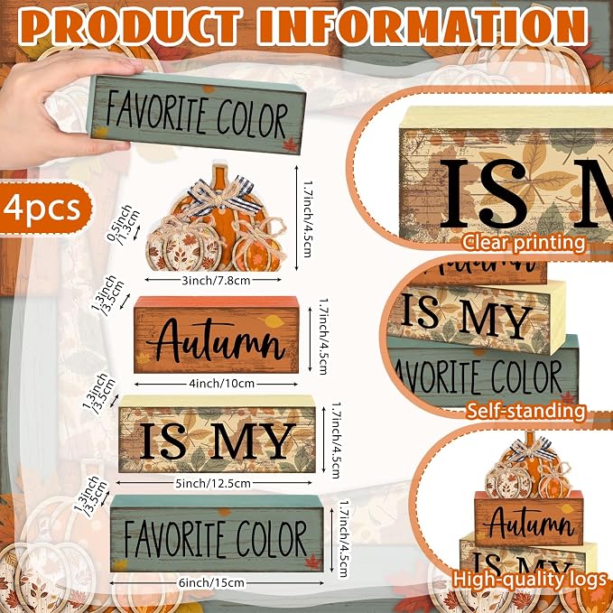 Lineshading 4 Pcs Fall Block Signs with Pumpkin Autumn Farmhouse Decor | Stackable Wooden Signs for Tiered Tray, Rustic Pumpkin Centerpiece, Thanksgiving Harvest Decorations, Autumn Gift Set
