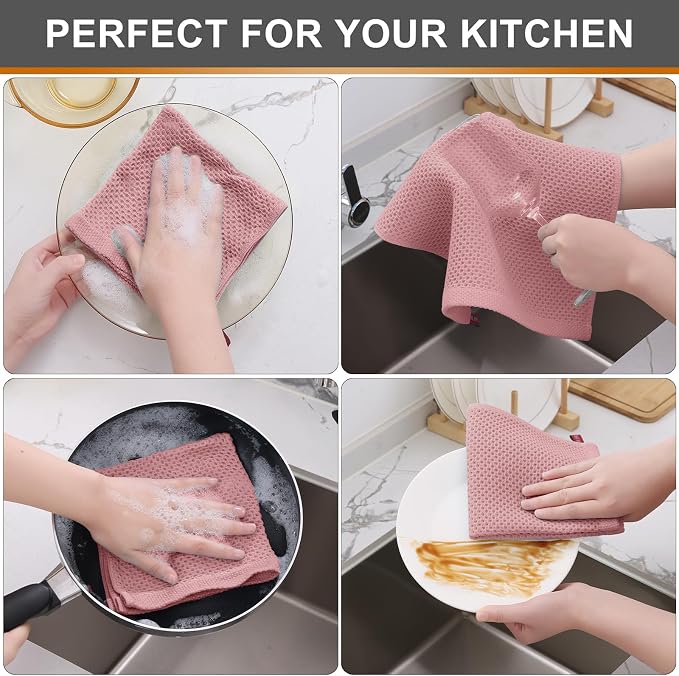 Kitinjoy 100% Cotton Waffle 6-Pack Kitchen Towels, 12" x 12", Dried Roses | Ultra Absorbent, Super Soft, lightweight, Quick Drying Dish Rags for Washing Dishes