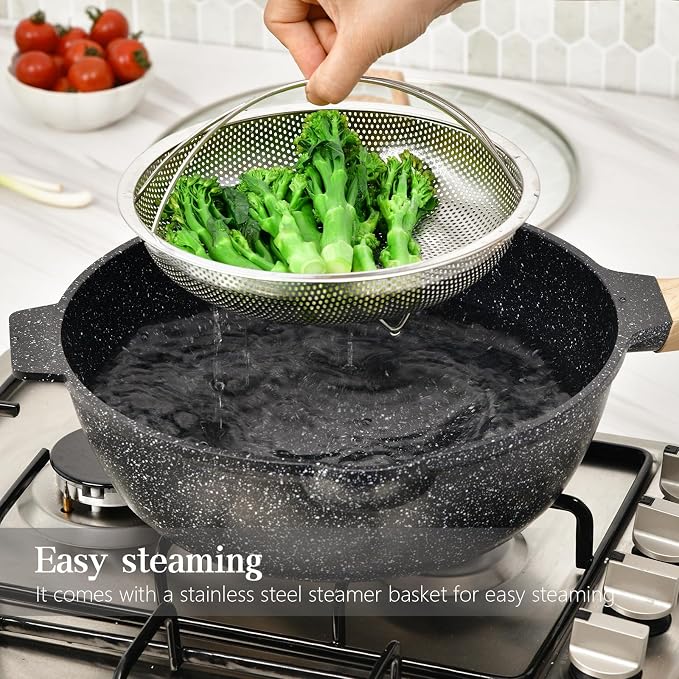 12-Inch Deep Frying Pan, Nonstick with Lid & Strainer, 6QT Granite Skillet, Induction/Gas Compatible, Includes Spatula & Sponge