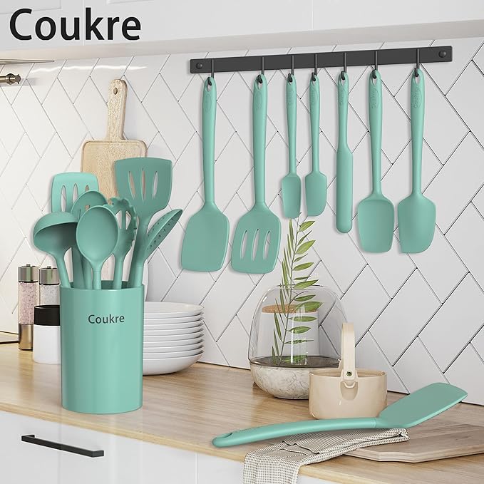Coukre Silicone Kitchen Cooking Utensils Set, Heat Resistant, 14-Piece | Dishwasher-Safe, Food-Grade Silicone, BPA-Free, Spatulas, Spoons & Turner, Safe for Nonstick Cookware, PureAquaGreen