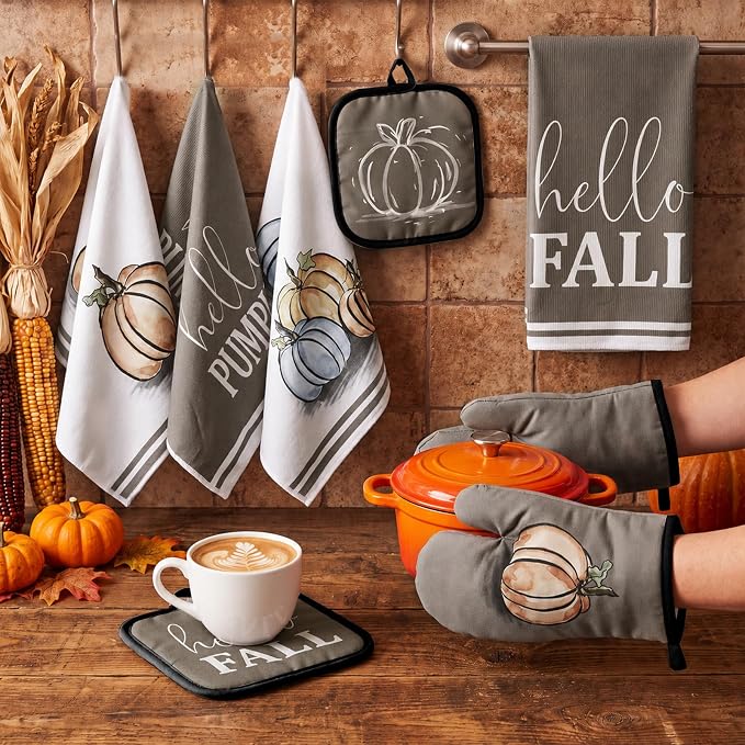 Fanfanwin 10 Pcs Fall Pumpkin Kitchen Decor and Accessories Set Kitchen Towels Pot Holders Oven Mitts and Rugs Set Thanksgiving Towels for Cooking Baking Gift Harvest Autumn Home Decor