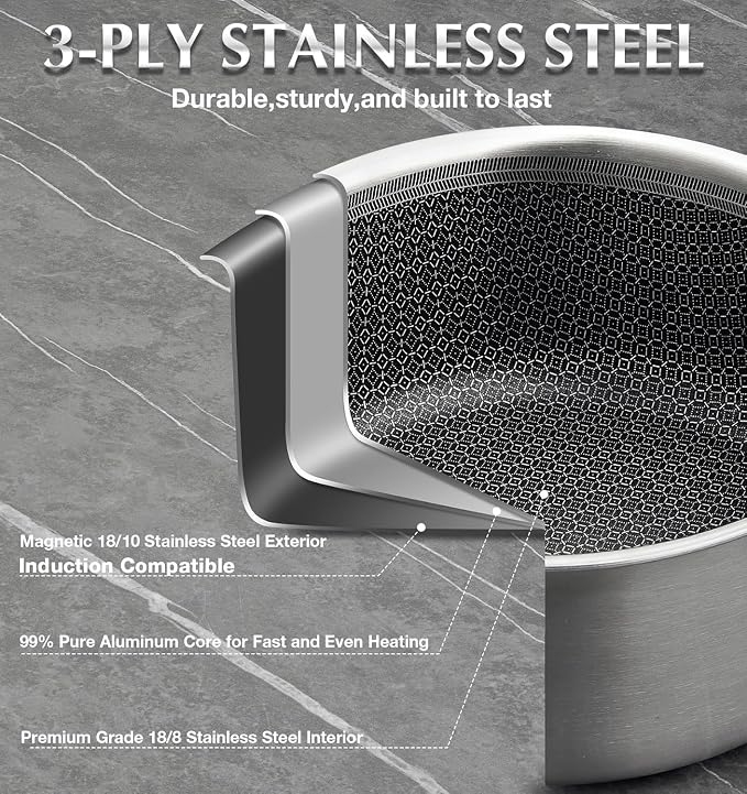KOCH SYSTEME CS Hybrid Nonstick Stainless Steel Sauce Pan with Steamer Insert, 18/10 Steel 2QT Sauce Pan with Lid, Triple Stainless Steel Pot with Honeycomb Interior, Induction Compatible & Oven Safe