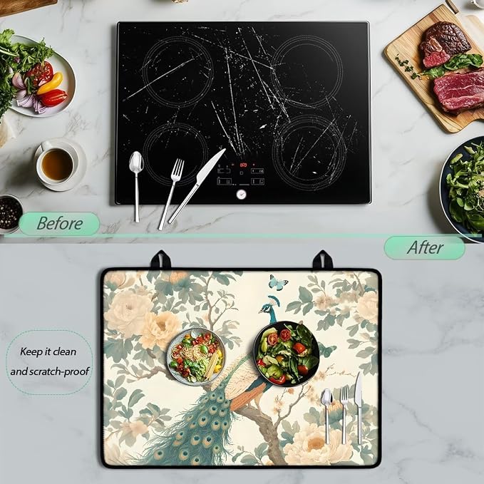Peacock Electric Stove Top Covers, Thickened Premium Silicone Stove Mat for Glass Top Stove, Waterproof Oven Range Top Cover, Extra Large Dish Drying Mat