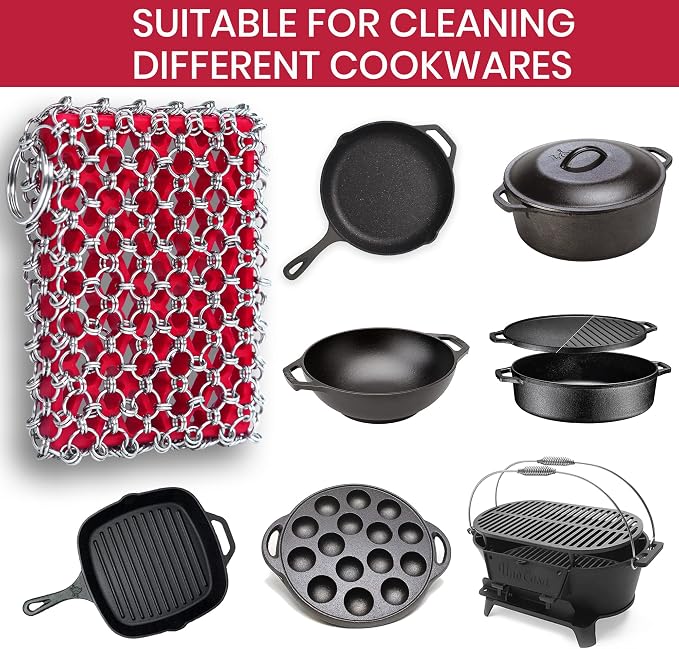 316L Cast Iron Scrubber Chainmail - Chain Mail Scrubber for Skillet, Pan | Cast Iron Cleaner Scrubber and Bamboo Cloth Set - Stainless Steel Chainmail Scrubber for Dutch Oven - Essential Accessory
