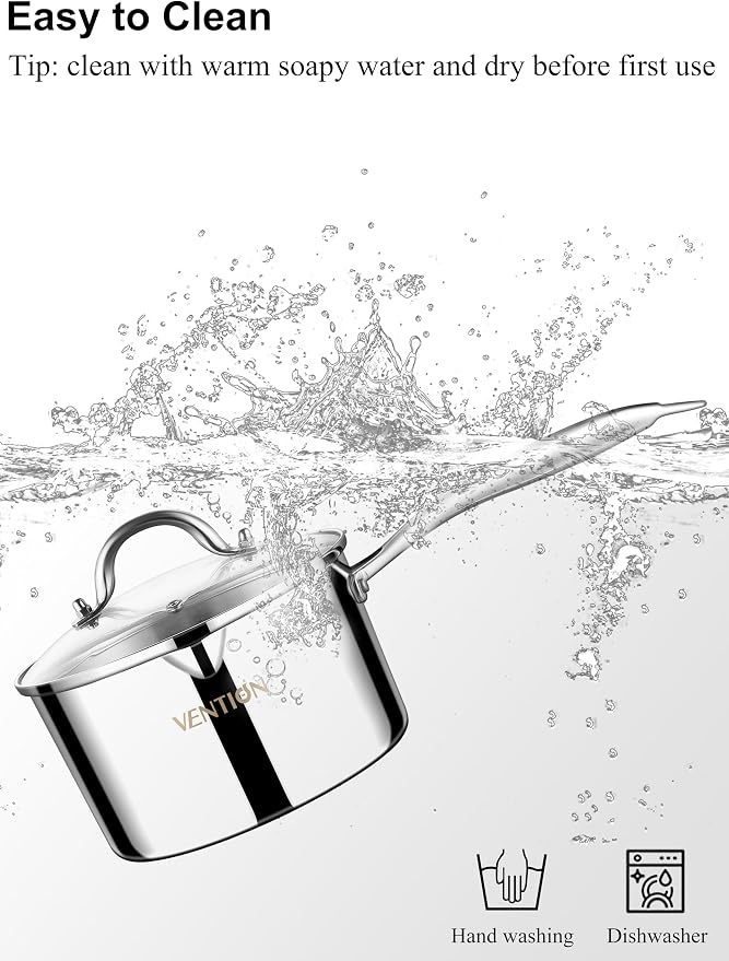 VENTION Tri-Ply Stainless Steel 1.4 Quart Induction Saucepan with Lid | Small Sauce Pan with Pour Spout, Small Cooking Pot for Tea and Milk