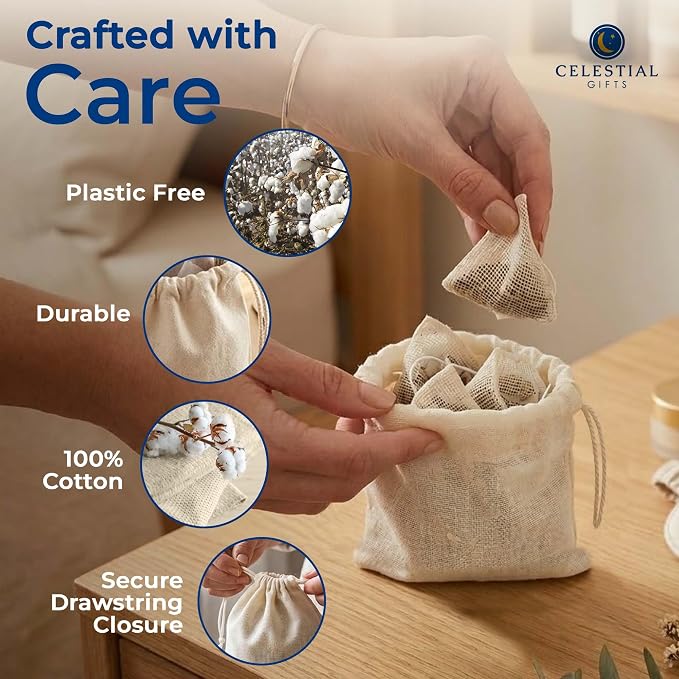 Celestial Gifts 5x7 Muslin Bags, 50 Pcs, 100% Cotton Drawstring Bags | Made in USA, Natural Hem & Drawstring, For Party Favors, Parts, Cowboy Coffee & More, Small Tea, Spice, Herb & Soap Bags