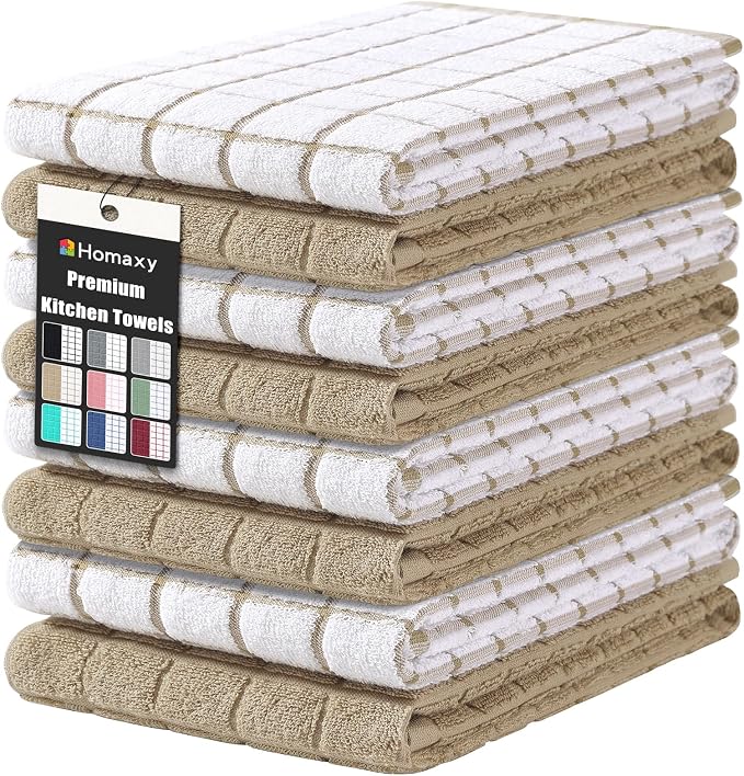 Homaxy Large Premium Cotton Kitchen Towels 16"x 28", 8 Pack, Tan | Natural Ring Spun 390 GSM Dish Towels, Super Absorbent Terry Kitchen Hand Towels, Soft Tea Towels with Hanging Loop