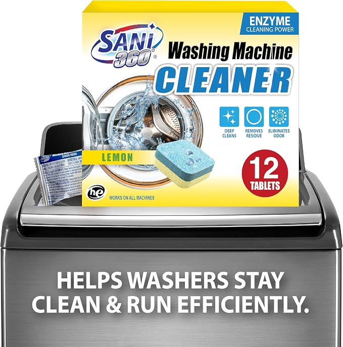 SANI 360° Enzyme Washing Machine Cleaner Tablets, 12-Pack, Lemon Scent | Deep-cleans and deodorizes front-load and top-load washers; 12 tablets provide up to a one-year supply when used monthly.