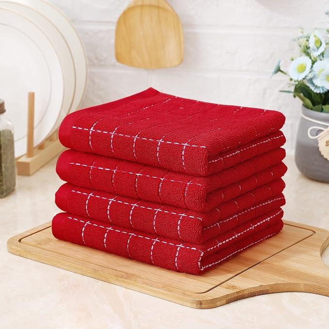 Homaxy 100% Cotton Terry Kitchen Towels, 4 Pack, Red | Ultra Soft and Absorbent Dish Towels for Kitchen, Suitable for Drying and Washing Dishes