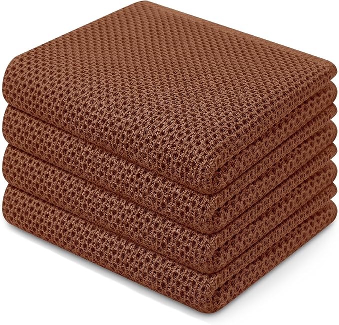 Homaxy 100% Cotton Waffle Weave Kitchen Dish Towels 4-Pack, Caramel | 13 x 28 Inches, Ultra Soft Absorbent Dish Towels, Quick Drying Cleaning Towels