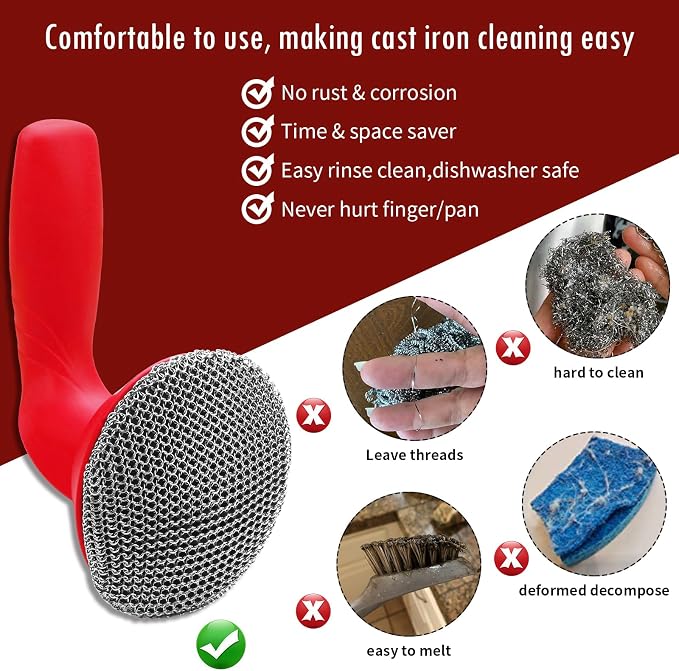Cast Iron Cleaner Scrubber with Handle -Welded Chain Mail Cast Iron Cleaner | Large Round Cast Iron Brush,Dishwasher Safe, 316 Chainmail Sponge Scrub Cleaning Tool to Clean Skillet, Frying Pan, Wok, Oven