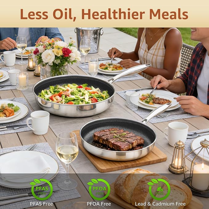 LOLYKITCH Hybrid 8-10-12 Inch Nonstick Frying Pan Set | PFOA Free | Stainless Steel Skillet | Non-Toxic | Stay-Cool Detachable Handle | Dishwasher and Oven Safe | Induction Ready