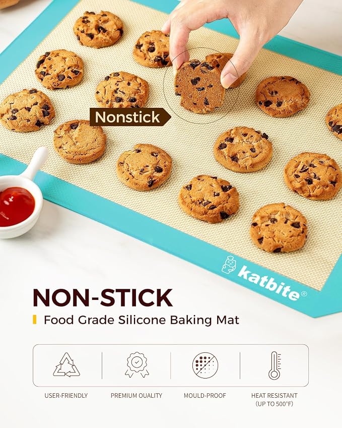 Katbite Silicone Baking Mat Set of 3 Dark Blue | 2 Half Sheets Mats + 1 Quarter Baking Sheet, Reusable & Nonstick Bakeware Mats for Cookies, Macarons, Bread