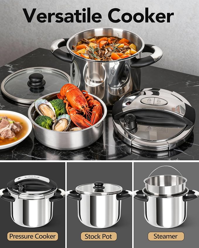 MICHELANGELO 6.3QT Pressure Cooker Stainless Steel, Induction Ready | Safer Pressure Control for Beans, Stews, Rice and Broth, One-Touch Locking Lid, with Glass Lid, Steamer and A Spare Gasket