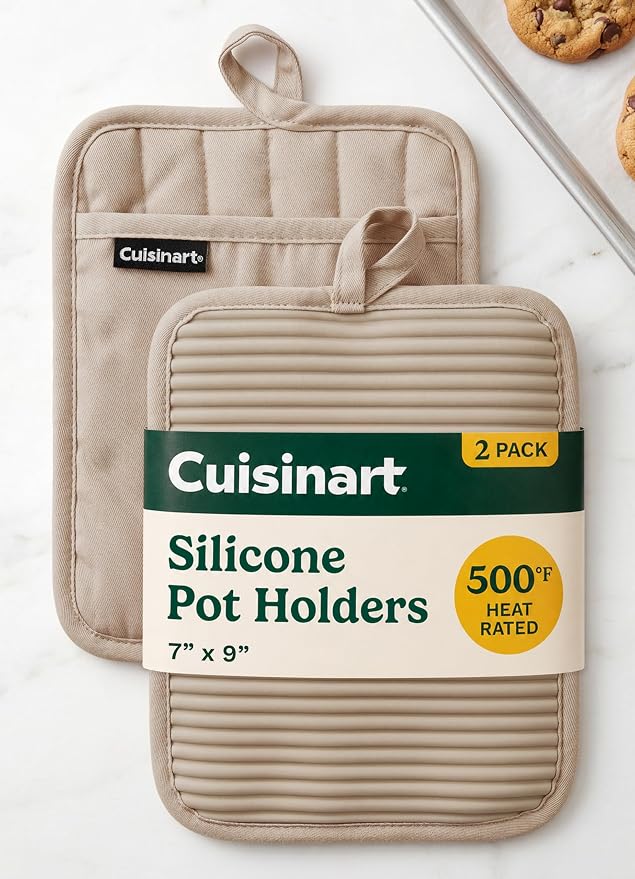 Cuisinart Silicone Pot Holders, Set of 2 7"x9", Heat Resistant 500F | Non-slip grip back is waterproof, hand pocket for secure hold, doubles as a trivet, wipe clean, hanging loop