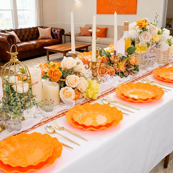 LIYH 50 Pcs Orange Scalloped Plastic Plates, Unbreakable Dishwasher Safe | BPA Free for Halloween Thanksgiving Day (25 Guests) - 10 Inch Dinner Plate and 7.5 Inch Dessert Plates