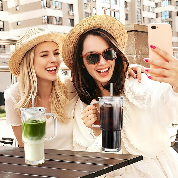 Iced Coffee Cups with Lids: Coffee Bar Accessories - Ribbed Glass Tumbler with Straw and Lid 4 Pack - 24oz Tumbler Leak Proof - Glass Cups Tumbler with Lid and Straws - Coffee Tumbler with Handle700ml