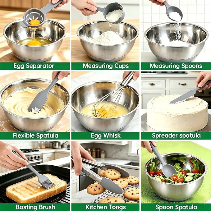 Deedro Mixing Bowls with Airtight Lids, 22Pcs Stainless Steel Mixing Bowls Set Nesting Bowls with Non-Slip Silicone Base, thicker Metal Bowls for Baking & Prepping, 1.5/2/3/4/5 QT, Gray