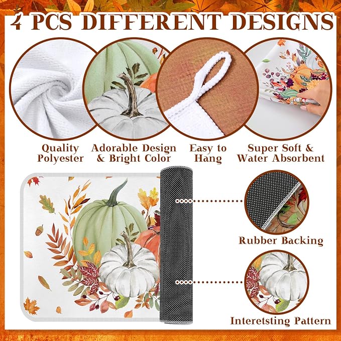 Fanfanwin 10 Pcs Fall Kitchen Decor and Accessories Set Pumpkin Kitchen Towels Maple Leaves Pot Holders Oven Mitts and Rugs Set for Home Decorations Cooking Baking Housewarming Gifts