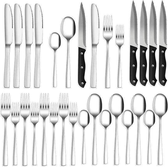 24-Piece Silverware Set Flatware Set for 4, Mirror Polished Stainless Steel with Steak Knives - Dishwasher Safe Kitchen Utensil sets for Home, Wedding, Restaurant