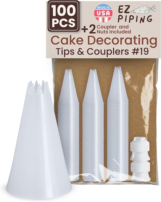 Reusable Plastic Piping Tips, Nozzles Standard Size Star Tip #19 (100pcs) | EZPiping Icing Nozzles with 2 couplers for Cake Decoration and Dessert Design, Baking Supplies Base Ø 0.75" Height 1.25"