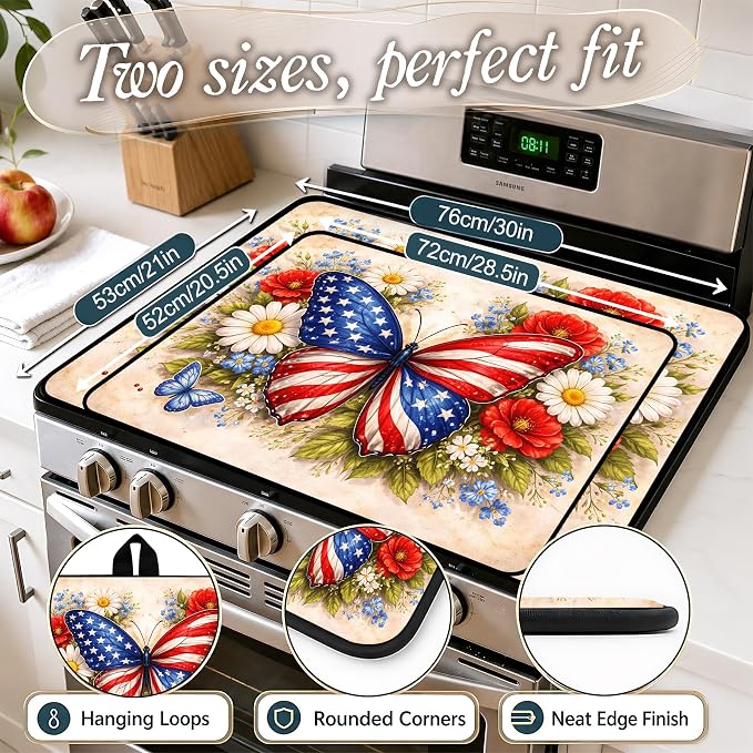 Patriotic Electric Stove Top Cover | Heat Resistant Glass Cooktop Protector for Kitchen Ceramic Countertops, Multiuse Stove Cover and Dish Drying Mat