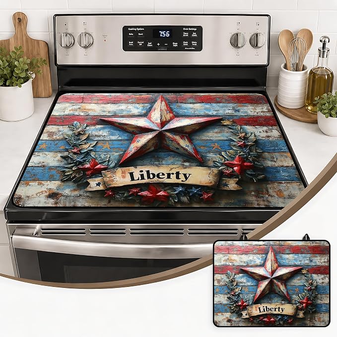 Patriotic Electric Stove Top Cover | Heat Resistant Glass Cooktop Protector for Kitchen Ceramic Countertops, Multiuse Stove Cover and Dish Drying Mat