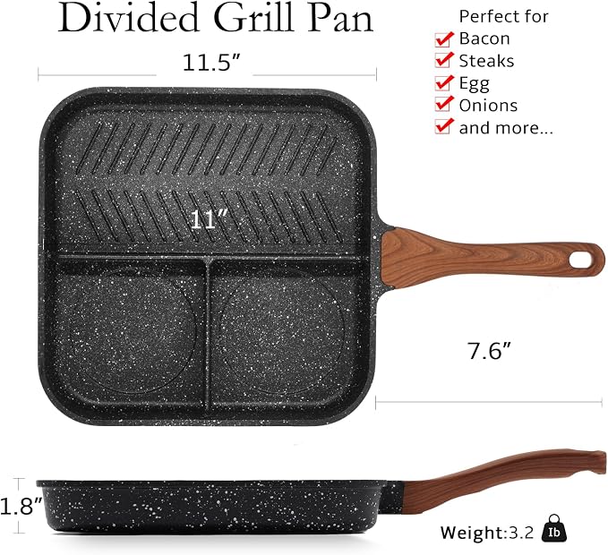 ESLITE LIFE Nonstick Divided Grill Pan for Stove Tops, 11 Inch Versatile 3-In-1 Breakfast Pan, Square Big Grilling Steak Pan for Indoor & Outdoor Cooking, PTFE & PFOA Free, Black