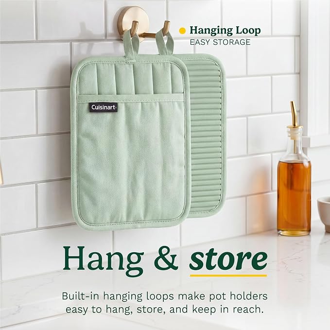 Cuisinart Silicone Pot Holders, Set of 2 7"x9", Heat Resistant 500F | Non-slip grip back is waterproof, hand pocket for secure hold, doubles as a trivet, wipe clean, hanging loop