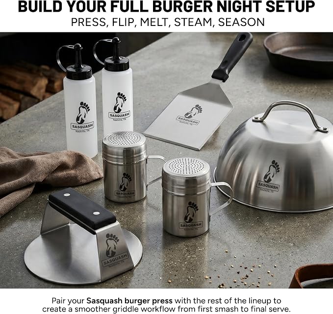 Sasquash Burger Press Kit, Smash Burger Set, Stainless Steel, 5 Piece | Includes Melting Dome, Turner, And Two Squirt Bottles, Complete Griddle And Grill Cooking Bundle Package, Cookout Gatherings