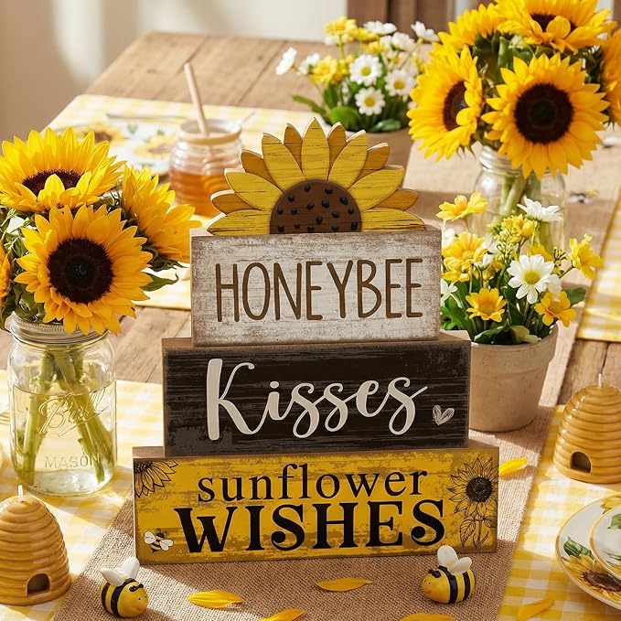Lineshading 4 Pcs Sunflower Table Decor Farmhouse Summer Tiered Tray Decor | Stackable Rustic Block Signs with Honeybee Sunflower Wishes Theme, Tabletop Shelf Decoration for Farmhouse Gift