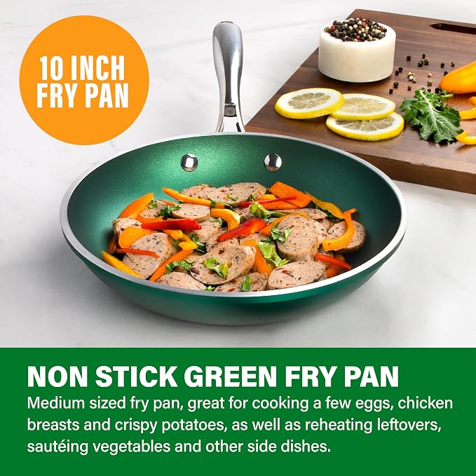 Granitestone 10 Inch Non Stick Frying Pan Skillet Granite Coated Egg & Omelette Pan, Non Toxic PFOA Free, Metal Utensil Safe, Aluminum, Oven Safe to 500°F, Dishwasher Friendly, Emerald Green
