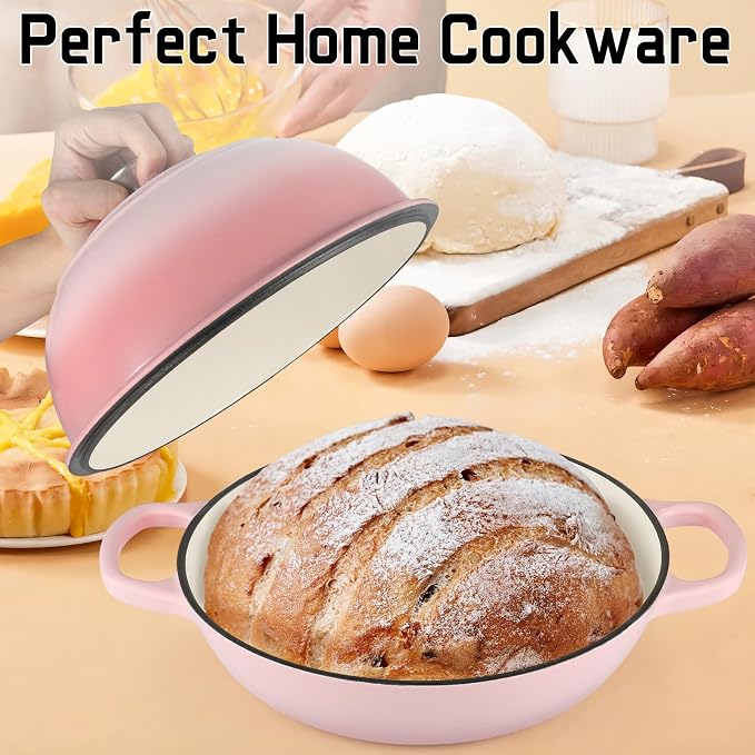 Enameled Bread Oven 10" Dutch Oven Pot with Lid Bread Dutch Oven Pink | for Sourdough Bread Baking, 6 Quarts Bread Pan with Dome Lid, Non-stick Cookware for Homemade Bread