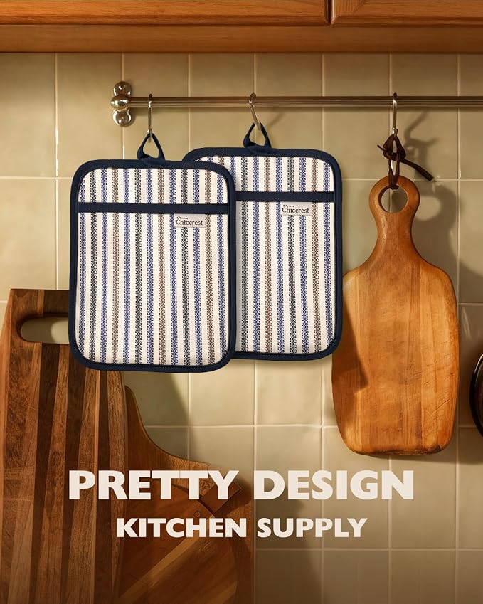 100% Cotton Pot Holders Textured Soft Silicone Blue Stripe | Stylish Pot Holders 2pcs, Machine Washable Non-Slip Heat Resistant Hot Pads & Oven Mitts 2-in-1, Practical Kitchen Decor