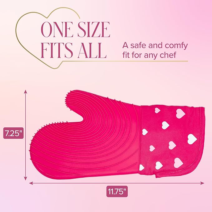 Paris Hilton Oven Mitt Set with Heart Design, Heat Resistant Pot Holders Featuring Non-Slip Textured Silicone Grips, 2-Piece Set, Pink