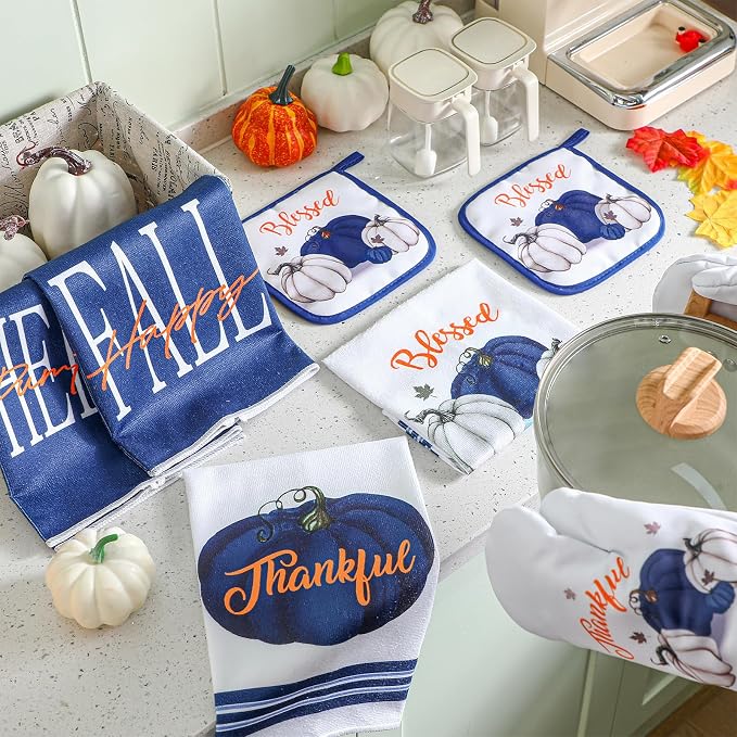 Fanfanwin 10 Pcs Fall Pumpkin Kitchen Decor Set Blue White Pumpkin Kitchen Rugs Towels Pot Holders Oven Mitts for Thanksgiving Autumn Baking Cooking Home Gift