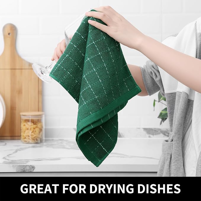 Homaxy Kitchen Towels and Dishcloths Set, Set of 12, Dark Green | Bulk Cotton Terry Kitchen Towels, Checkered Designed, Soft and Super Absorbent Dish Towels, 12 x 12 and 13 x 28 Inches