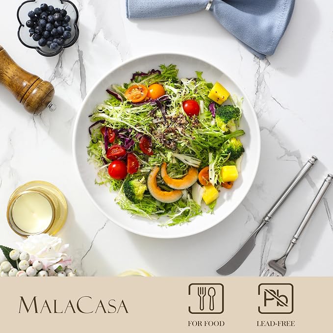 MALACASA 10" Large Pasta Bowls Set of 4, 56 OZ Wide and Shallow Salad Bowls Soup Bowls, Porcelain White Serving Bowls, Kitchen Bowl Plates Pasta Plates, Microwave & Dishwasher Safe, Series REGULAR