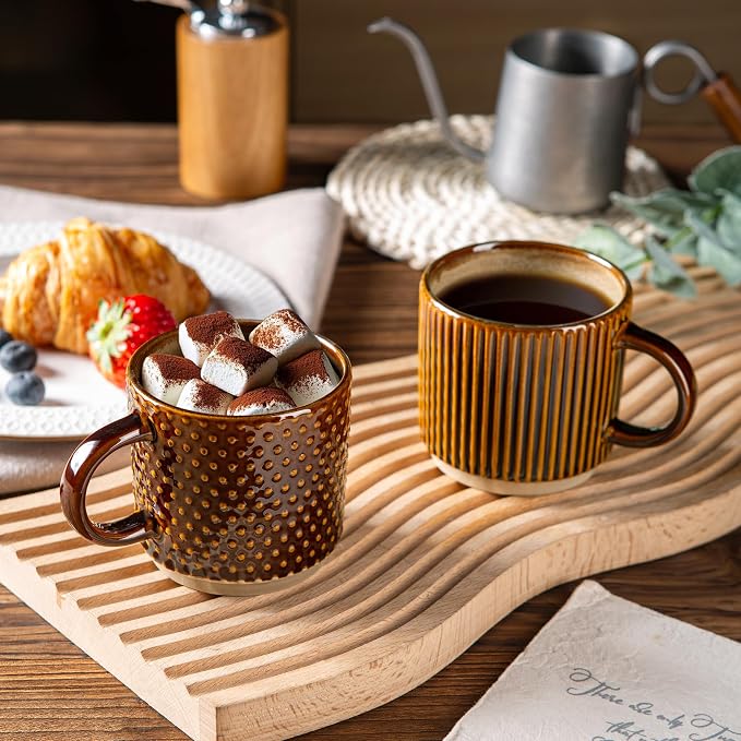 GBhome 6 OZ Stackable Coffee Mugs Set of 4, Ceramic Coffee Cups Set | 4 Assorted Designs, Embossed Mugs with Texture Patterns for Espresso/Tea, Dishwasher&Microwave Safe, Caramel