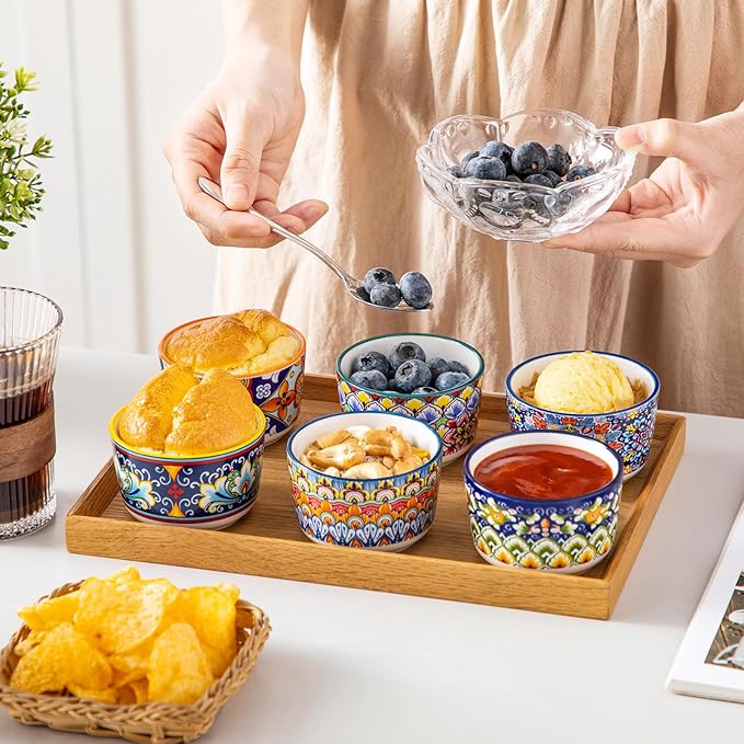 vancasso 4 Oz Ramekins Oven Safe Set of 6, Ceramic Baking Souffle Dishes | Bohemian Ramekins for Creme Brulee, Souffle, Custard, Pudding, Small Bowls for Dipping Sauce, Ice Cream